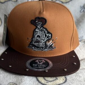TOP LEVEL SnapBack Cap with Skeleton Cowboy Embroidery - Tan/Brown